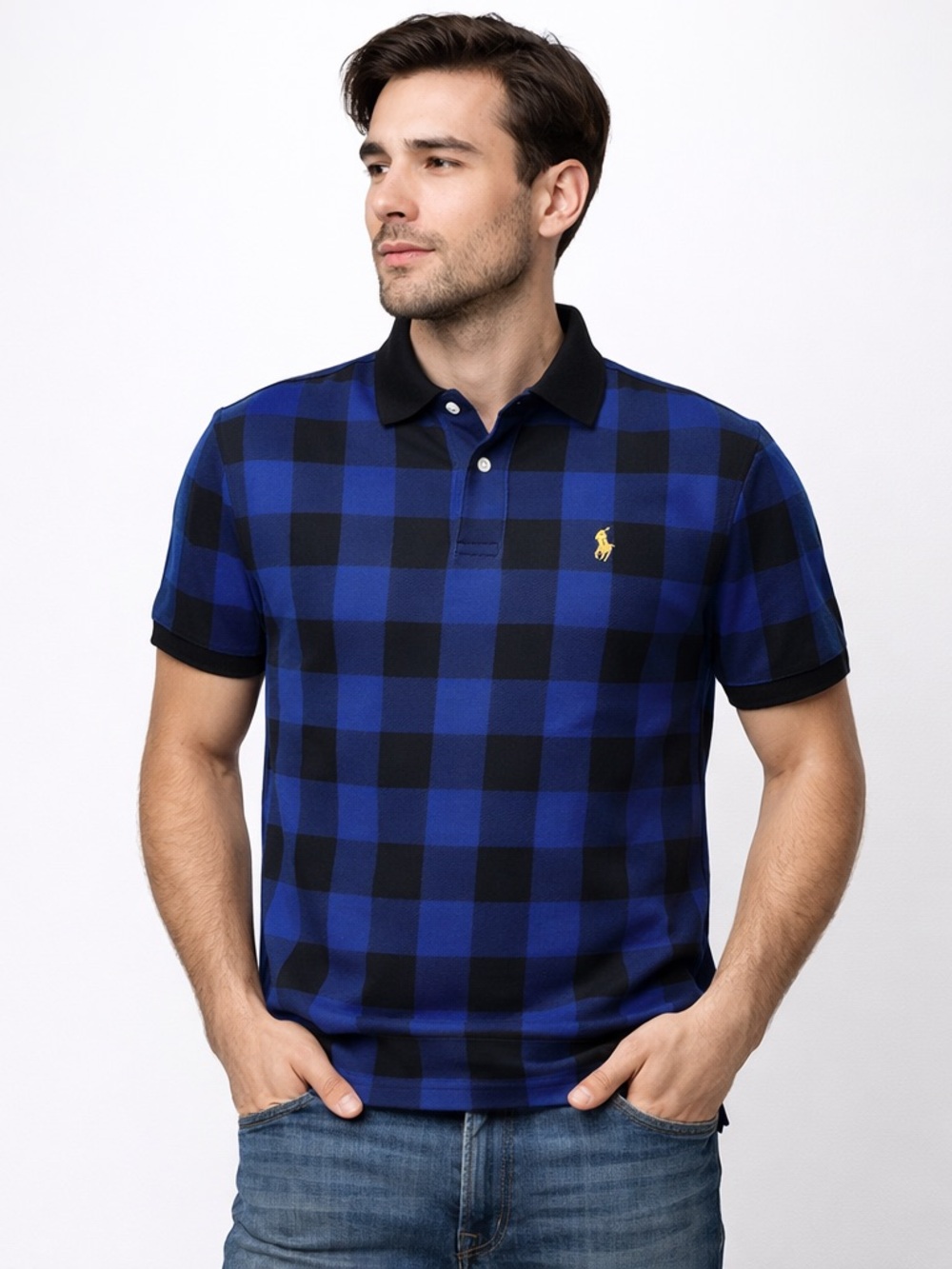 Polo Ralph Lauren Custom Slim Buffalo Check Polo Blue Black Large 100% Cotton